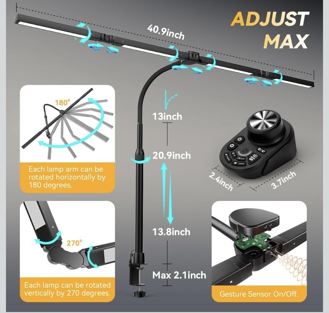 Adjustable LED Desk Lamp – Stepless Dimming & Color Temp Remote Control, Eye-Caring 4 Large Bright Light Souce for Home Office, Gooseneck, Clamp Base,