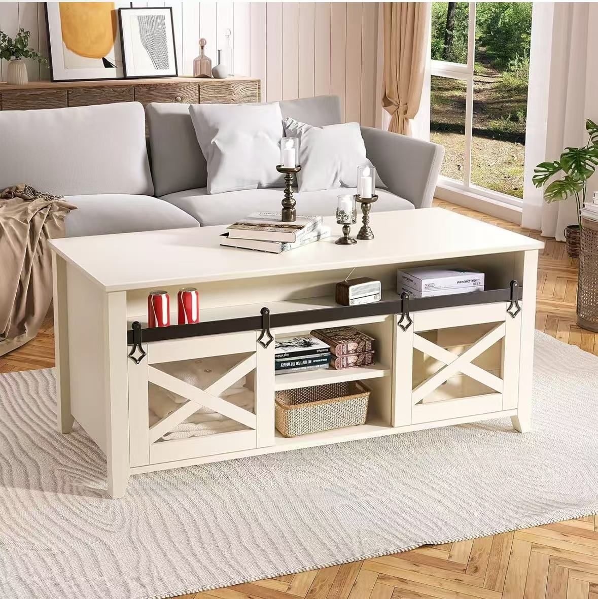Farmhouse Coffee Table with Storage 41.7" High Glossy Desktop Coffee Tables with Sliding Barn Door, Rustic Center Table for Living Room