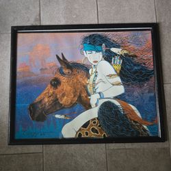 Vintage 1991 Native American Pin Up Horse Riding Poster Framed 23x29"