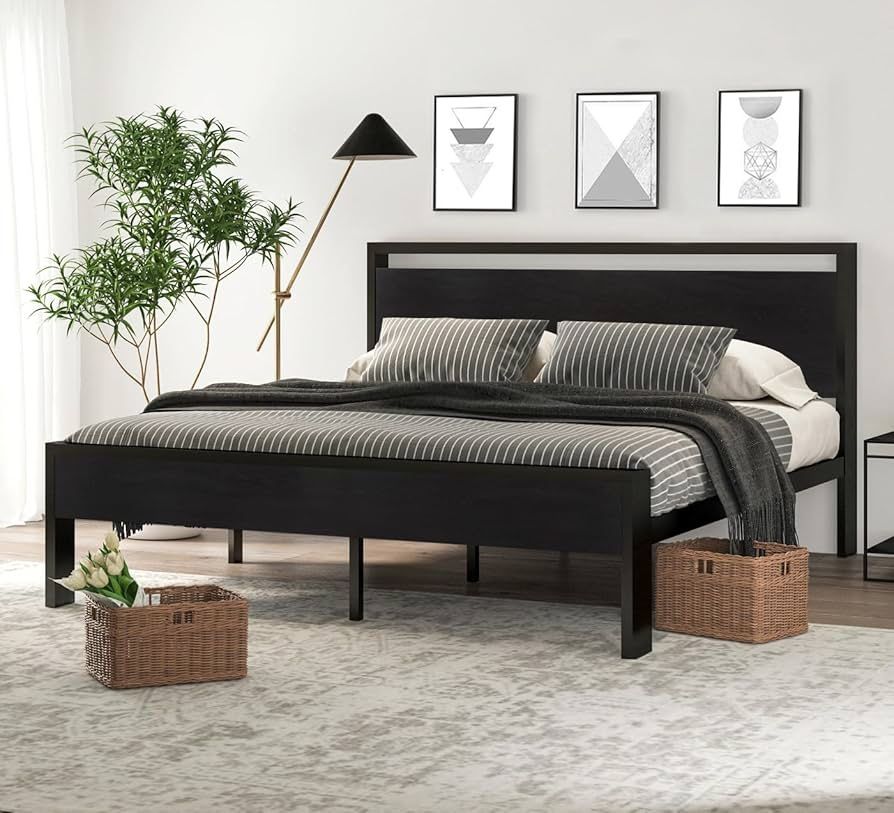 14 Inch King Size Metal Platform Bed Frame with Wooden Headboard and Footboard, Mattress Foundation, No Box Spring Needed, Large Under Bed Storage,Bla