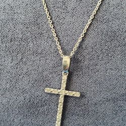 1" Sterling Silver & Diamond Cross on 16" Chain $60, New In Gift Box