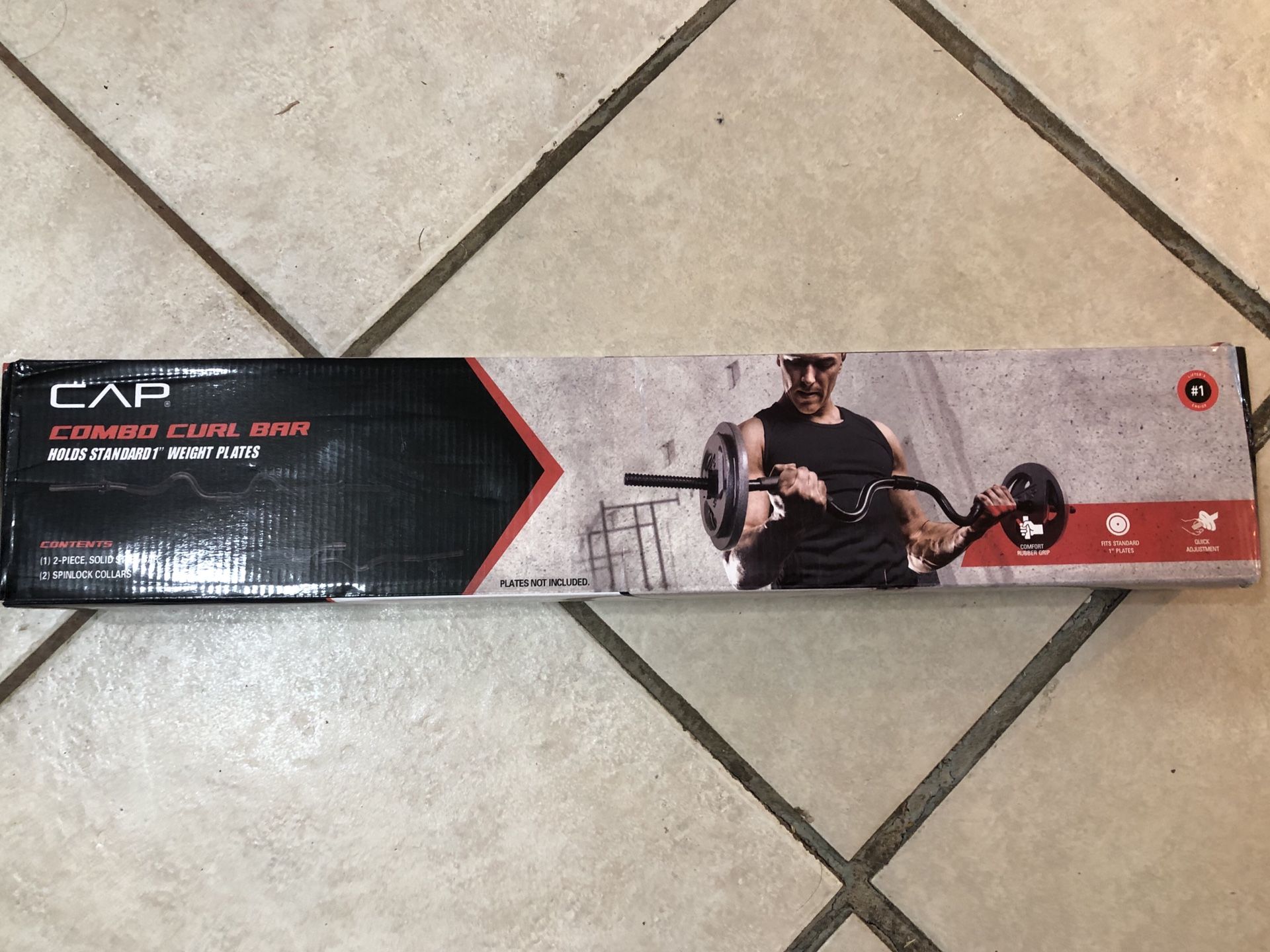 CAP Combo Curl Bar Holds Standard 1” Weight Lifting Plates - Brand New