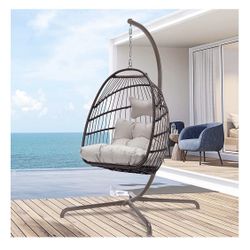 BRAND NEW Nicesoul Foldable PE Wicker Brown Hanging Egg Chair With Stand Swing Chair With Cushion and Pillow Capacity 350lbs