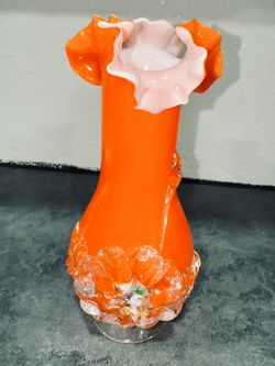 Bittersweet Ruffled Cased Orange Glass Vase With Glass Floral Decor