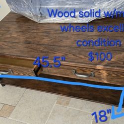 Coffee Table Wood Solid W/metal & Wheels