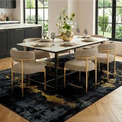 8x10 Area Rug Indoor Non-Slip Black Gold Large Carpet Thin Soft Washable Living Room Bedroom
