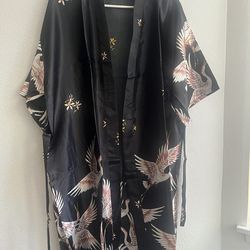 Women’s Satin Nightgown Set – Crane Print, 2 Pieces