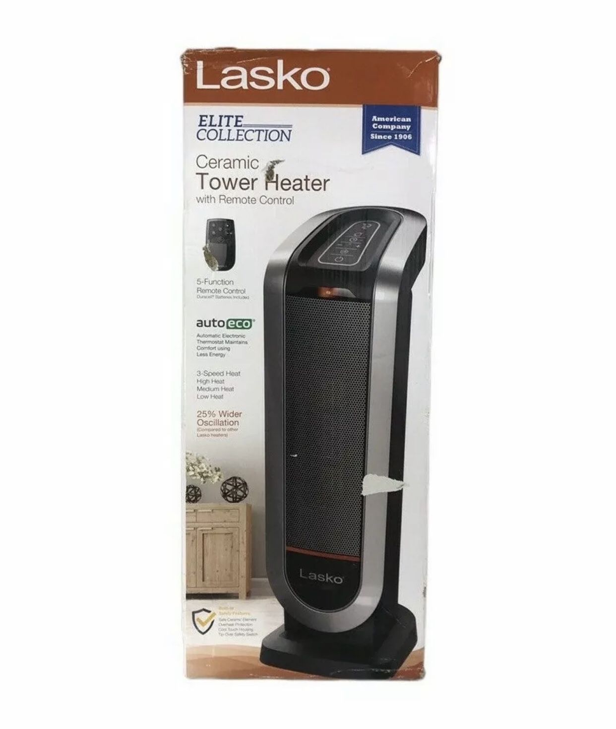 Lasko Portable Ceramic Tower Heater 1500W Thermostat w/ Remote Control Auto Eco