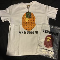 (BEST OFFER)Large Bape MCM orange white shirt w tags & bag