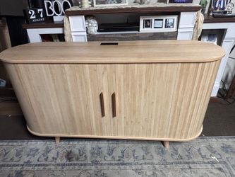Raw Wood Media Console with Tambour Doors and Record Storage