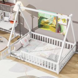 NEW Twin Tent-Shaped Floor Bed, With Guardrails, Slats, Door, White