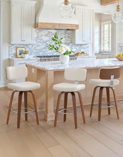Swivel Counter Height Bar Stools Set of 3, 26" Upholstered Seat Barstools with Back Walnut Wood Legs, Mid-Century PU Leather Bar Stools with Footrest 