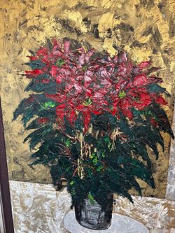 Textured painting of a poinsettia signed "MANSFELDOVA". The artist appears to be Mansfeldova, who creates mixed media pieces, often using alcohol ink 