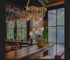 Arturesthome 6 Heads Hemp Rope Pendant Light, Vintage Bamboo Chandeliers Fixture Kitchen Island, Rustic Industrial Hanging Lamp for Bedroom Restaurant