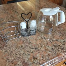 Coffee pot and shakers plus vases and glasses