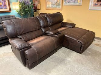 Chocolate Wide Arm Powered Reclining Sofa w/ Chaise Lounger