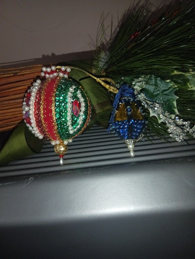 2 Vintage Christmas Ornaments, 1 Vintage Pin Cushion 