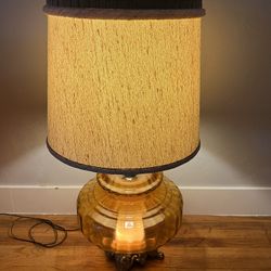 1972 EF Industries Amber Glass Hollywood Regency Lamp w/ Lighted Base
