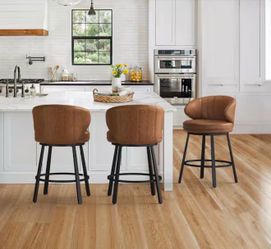 Set Of 3 Mattis 26 in. Brown Faux Leather Metal Frame Upholstered Counter Height Swivel BarStools with Curved Low Back