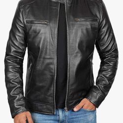 Mens Black Leather motorcycle Jacket  Zipper Pockets & Stand Collar Size XXL 