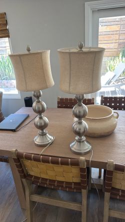 Pair of Tall Brushed Nickel Table Lamps with Linen Shades
