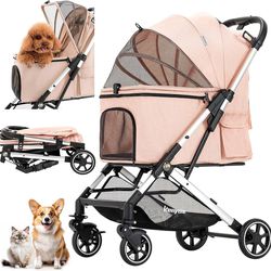 Kenyone Pet Stroller for Small to Medium Dogs Durable Cat Stroller with Lightweight Aluminum Frame, One-Click Folding, No Zip Entry, PU Wheels, Multip