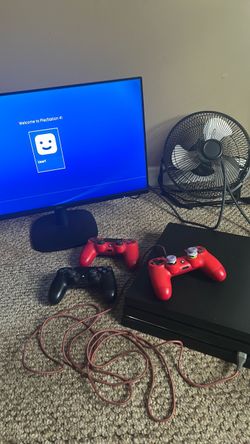 PlayStation 4, 3 controllers, and 24” onn gaming monitor.