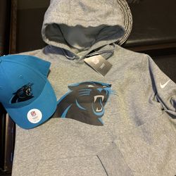 Nike NFL Carolina Panther Pullover Hoodie Size Large, (Gray) & NFL Adjustable Cap (Blue) 