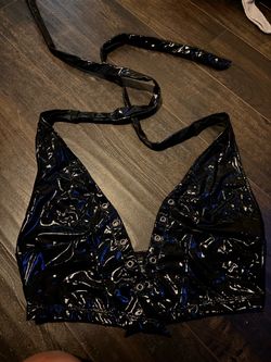 Black shiny halter crop top leather party