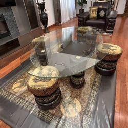 Luxury Designer Coffee Table Set — Glass Top & Matching Stools, Flat Rug