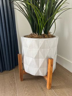 Large Faux Plant with Ceramic Planter & Wood Stand – Beautiful Home Décor