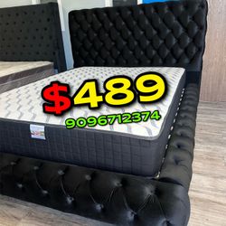 Queen Size Black European Bed With Orthopedic Mattress Included 