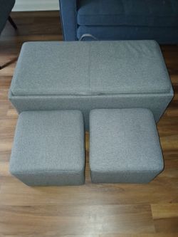 Ottoman Storage Bench with 2 Side Ottomans Gray