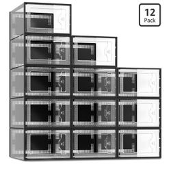 12 Pack Shoe Storage Box, Clear Plastic Stackable Shoe Organizer for Closet, Space Saving Shoe Rack for Entryway Sneaker Container Bin Holder (Black)