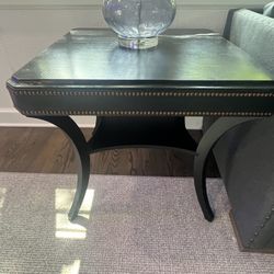 Great Looking Black Ethan Allen Side Table Wood but finish looks like leather. A couple light nicks on edge 30”square x 28”h Smoke free household