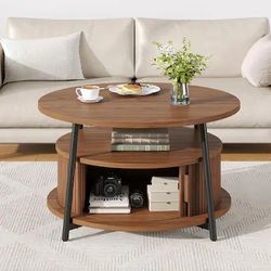 31.5" Round Fluted Coffee Table with Storage, 2-Tier Mid-Century Center, Dual Sliding Doors - Walnut