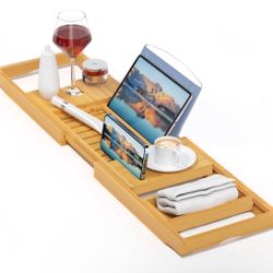 Luxury Bathtub Caddy Tray,Bamboo Bathtub Tray Caddy - Wood Bath Tray Expandable,Can be Placed Book and Integrated Tablet Smartphone and Wine Holder -