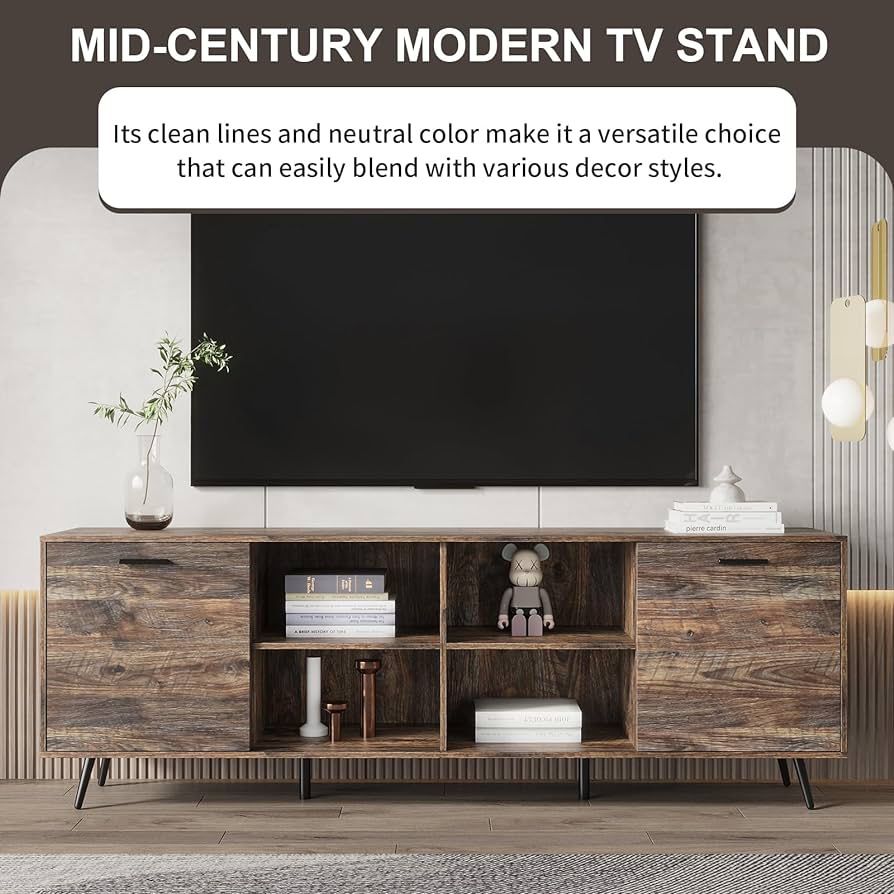 TV Stand Mid-Century Wood TV Cabinet for 80 Inch TV,Media Console TV Entertainment Center,Television Table with 2 Storage Cabinet & Open Shelves,Conso