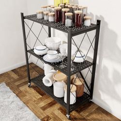 3 Tier Foldable Storage Shelf with Wheels, Heavy Duty Garage Shelving Unit Loads 550 LBS, Metal Steel Collapsible Shelves