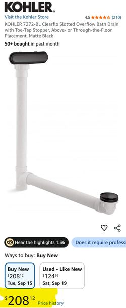 KOHLER 7272-BL Clearflo Slotted Overflow Bath Drain with Toe-Tap Stopper, Above- or Through-the-Floor Placement, Matte Black