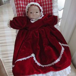 Vintage Victorian Christmas Porcelain Doll w/Wicker Sleigh