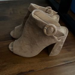 Tan Suede Open-Toe Block Heel Mules