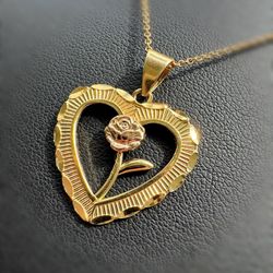 Jewelry 14k solid two tone yellow gold heart rose 🌹 Pendant charm