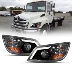 Gronsvt Headlight Assembly fit for 2011+ Hino 238 258 268 338 Truck Left Driver and Right Passenger Side (Black LED)