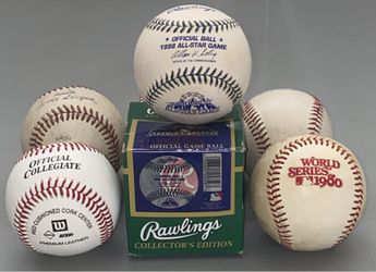 BASEBALLS – QTY. 6 BASEBALLS – RAWLINGS COLLECTOR’S EDITION COLORADO ROCKIES WIALLSTAR GAME 1988 OFFICIAL GAME BALL, WILSON SUPER SEAM A1001 SST TECHN