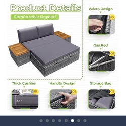 Vineego LCRF22-0118 Wicker Outdoor Daybed with Gray Cushions and Wicker Frame