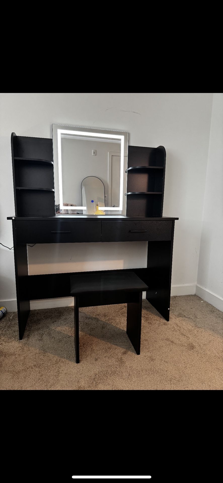 Black Vanity With Mirror Light And Chair