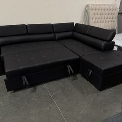 New! Contemporary Black Sectional, Black Faux Leather Sofa, L-Shaped Sofa With Pull-out Bed, Sofabed, Sectional Sofa Bed, Black Couch, Leatherette Sof