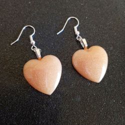Peach pearl heart dangle drop earrings with silver hooks handmade new