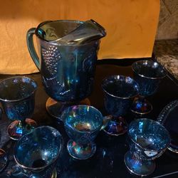 Carnival glass water pitcher with goblets creamer butter dish
